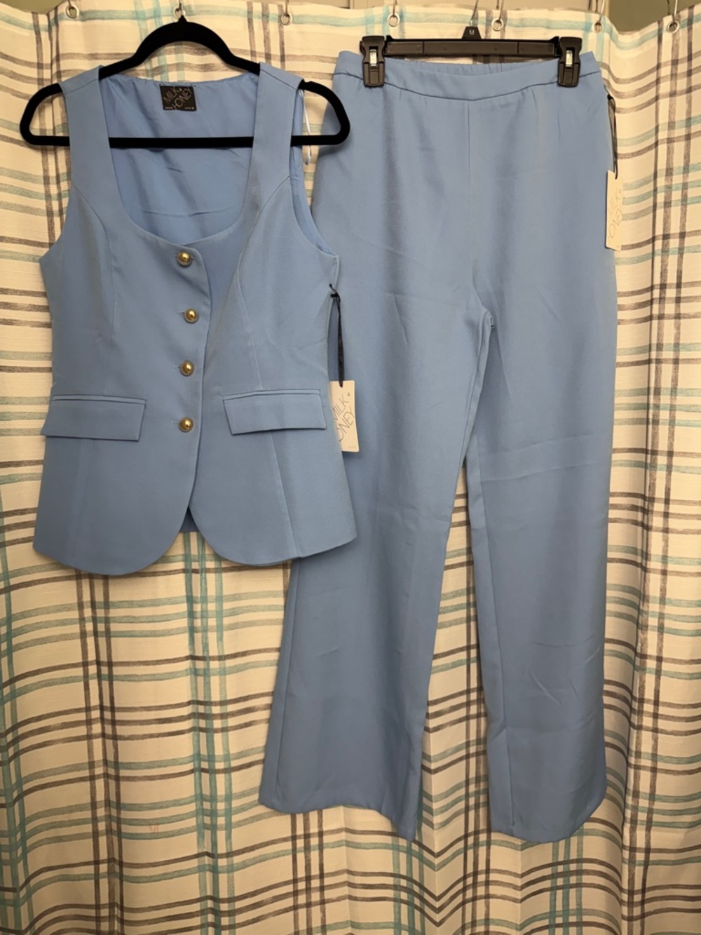 Women's Light Blue Wide-Leg Pants with Matching Vest Set
